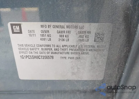 2012 Chevrolet Cruze Ls z USA, uszkodzony, nr VIN 1G1PC5SH8C7206578